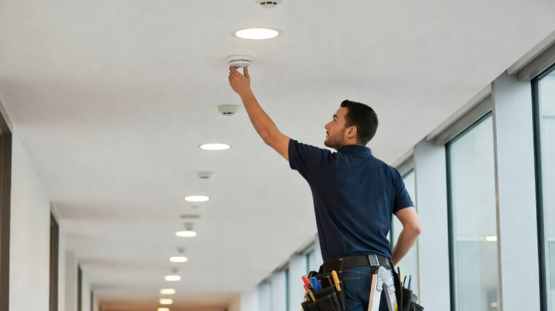 Close-up of smart fire alarm installation in a high-tech server room, focusing on sensitive equipment protection --no grunge, splash, dust, clear --chaos 20 --ar 16:9 --quality 2 --style raw --personalize 3rggcha --v 6.1 Job ID: 1be5a390-ee35-43c5-82f2-06e22f2fd542